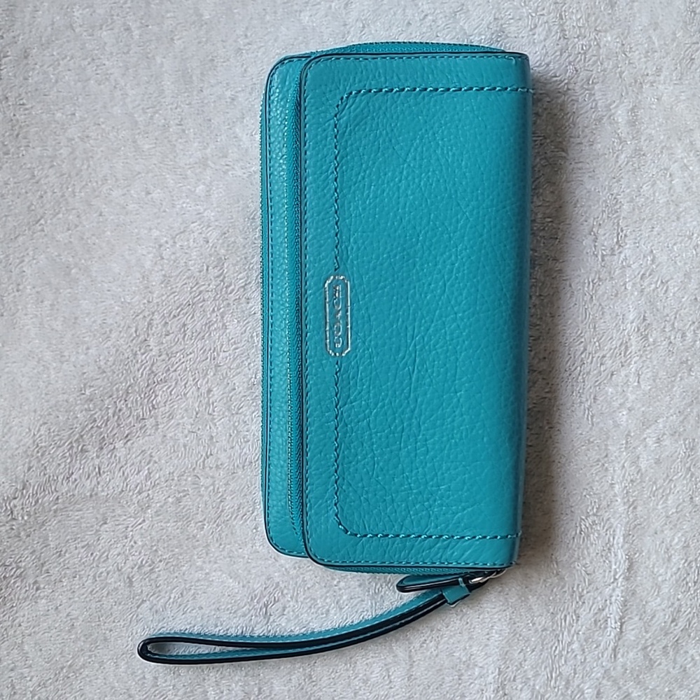 Coach Park Leather Double Accordian Zip Wallet Turquoise  F49167